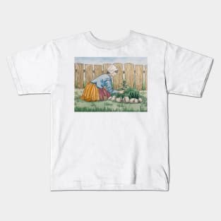 Pilgrim Woman Tending Garden Kids T-Shirt